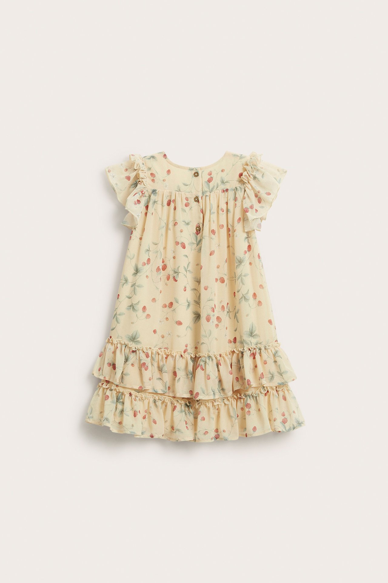 Vorderansicht: Kinder-Chiffonkleid in Hellgelb mit Erdbeermuster, Rüschenärmeln und Knöpfen vorne.