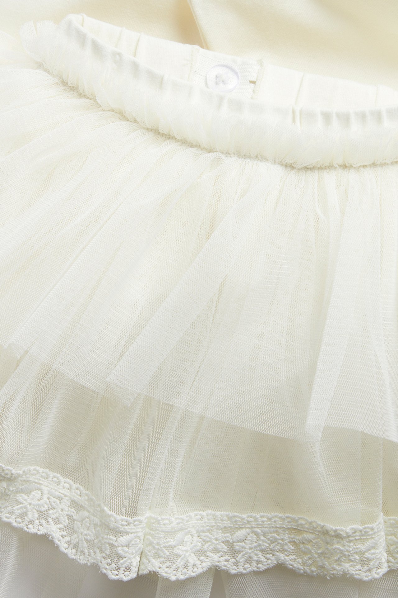 Close-up of offwhite kid's leggings with a three-tiered tulle skirt, featuring a lace edge on the middle tier.