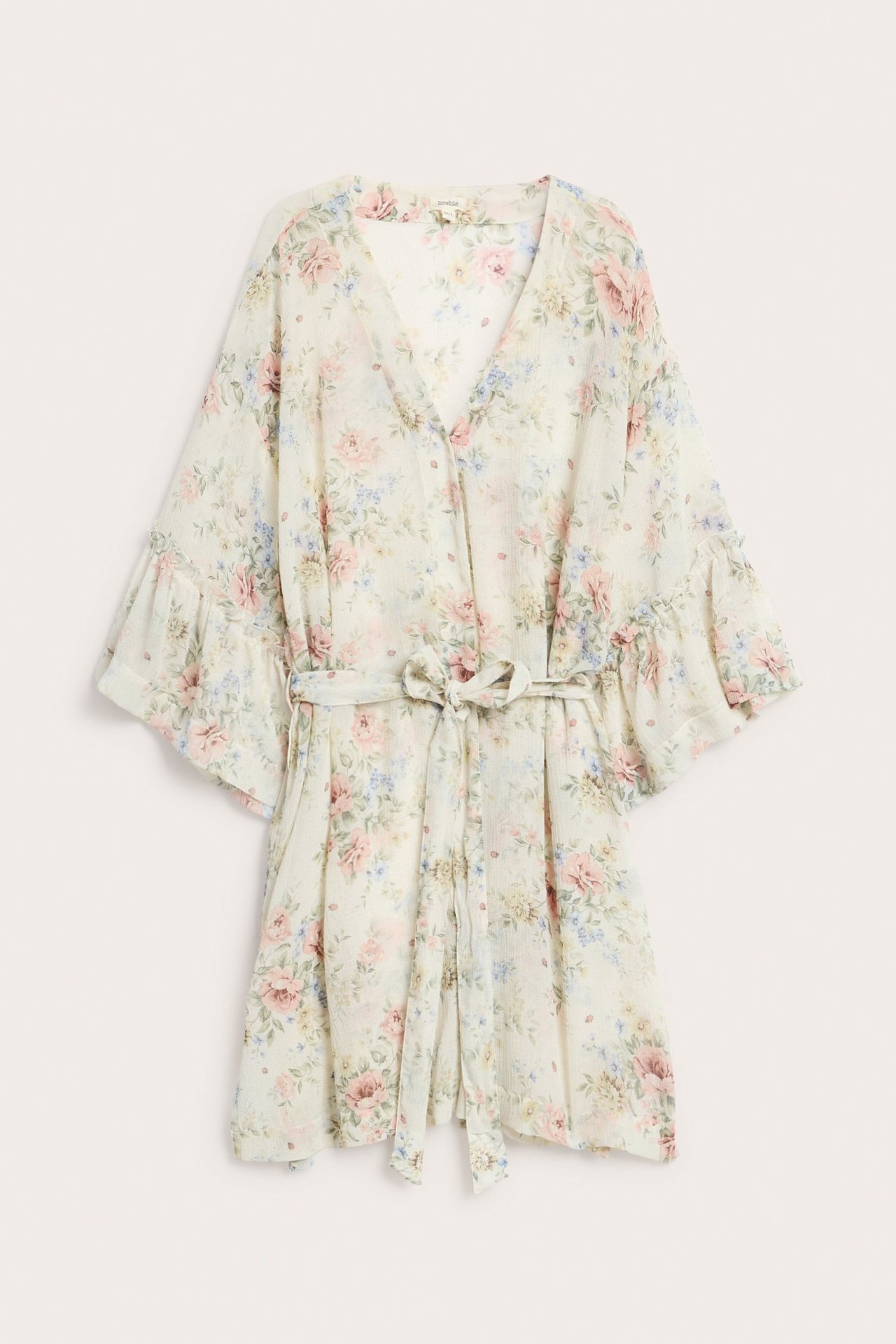 Vorderansicht eines cremefarbenen floralen Chiffon-Kimono mit rosa/blauen Blumen, V-Ausschnitt, weiten Rüschenärmeln und Bindegürtel.