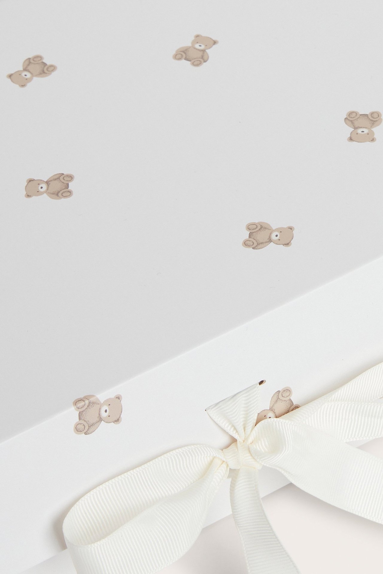 Nahaufnahme einer cremefarbenen Geschenkbox aus Papier mit braunem Bärenprint und einer beigen Schleife.