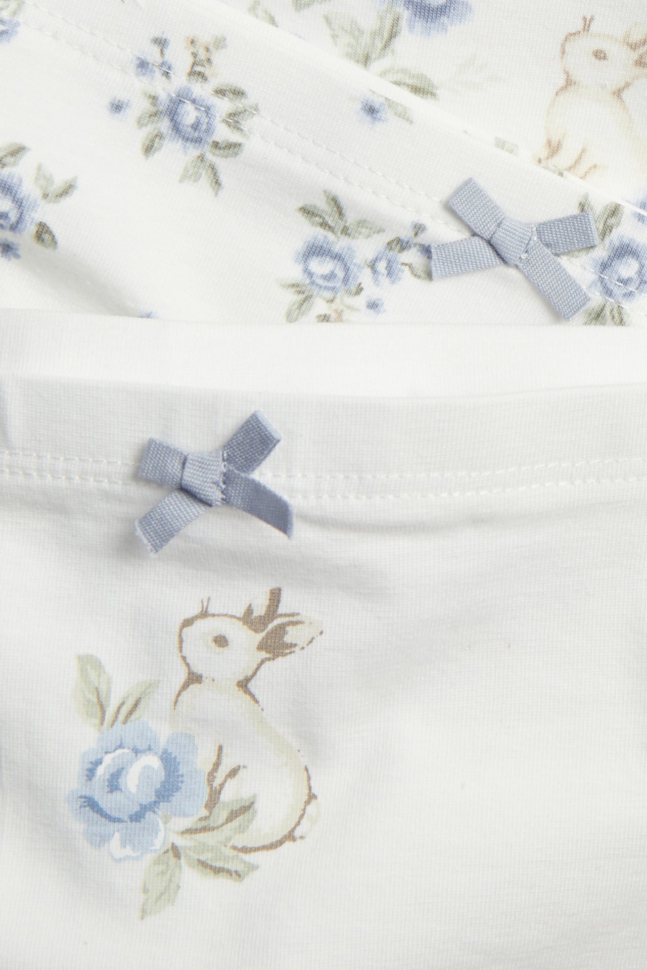 Close-up of two off-white kid's boxer briefs with blue rose and bunny print, featuring a small blue bow.