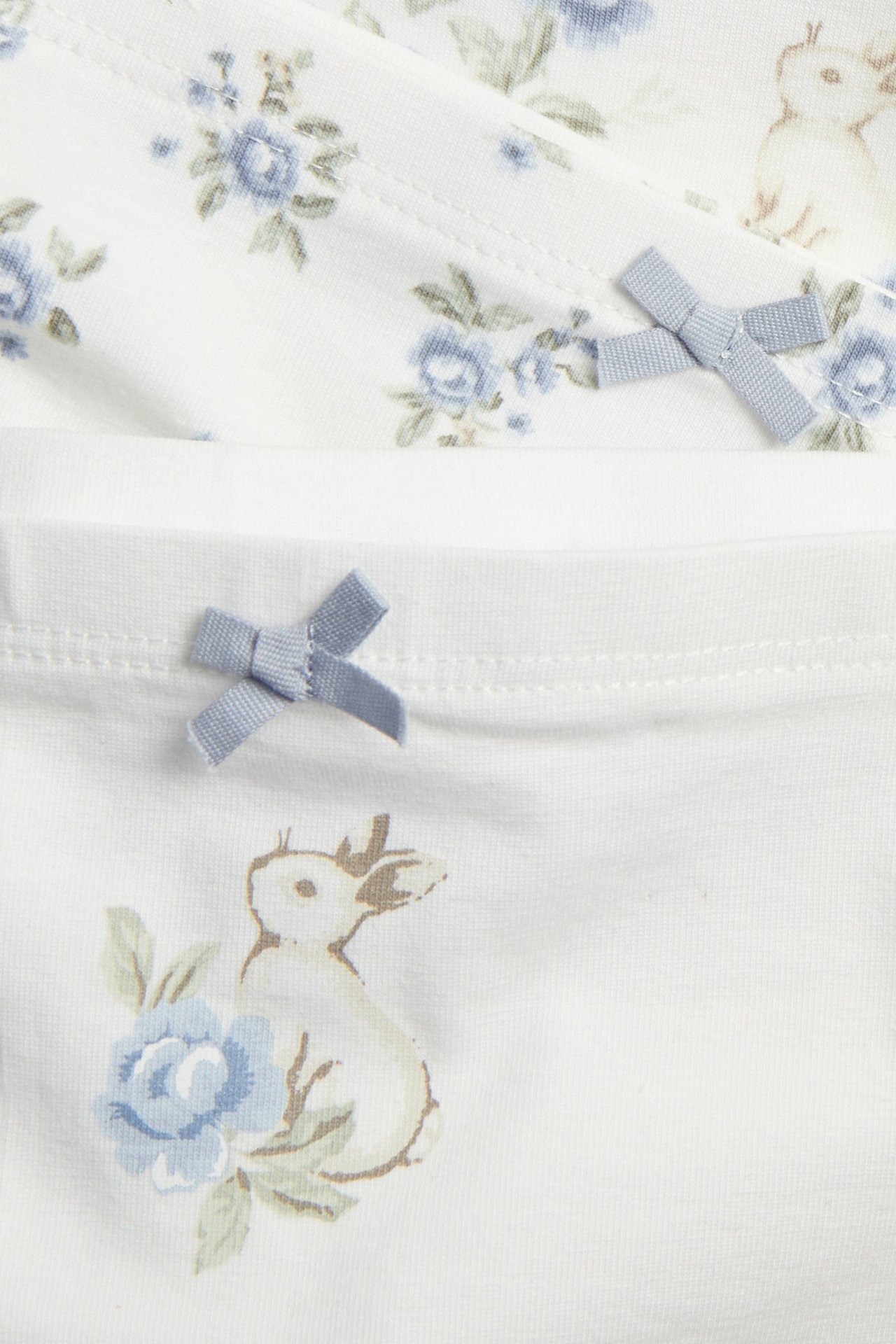 Close-up of two off-white kid's boxer briefs with blue rose and bunny print, featuring a small blue bow.