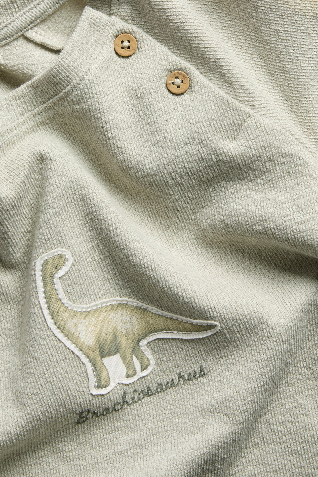 Close-up of a light green structured cotton long-sleeved top with a dinosaur application and wooden buttons.