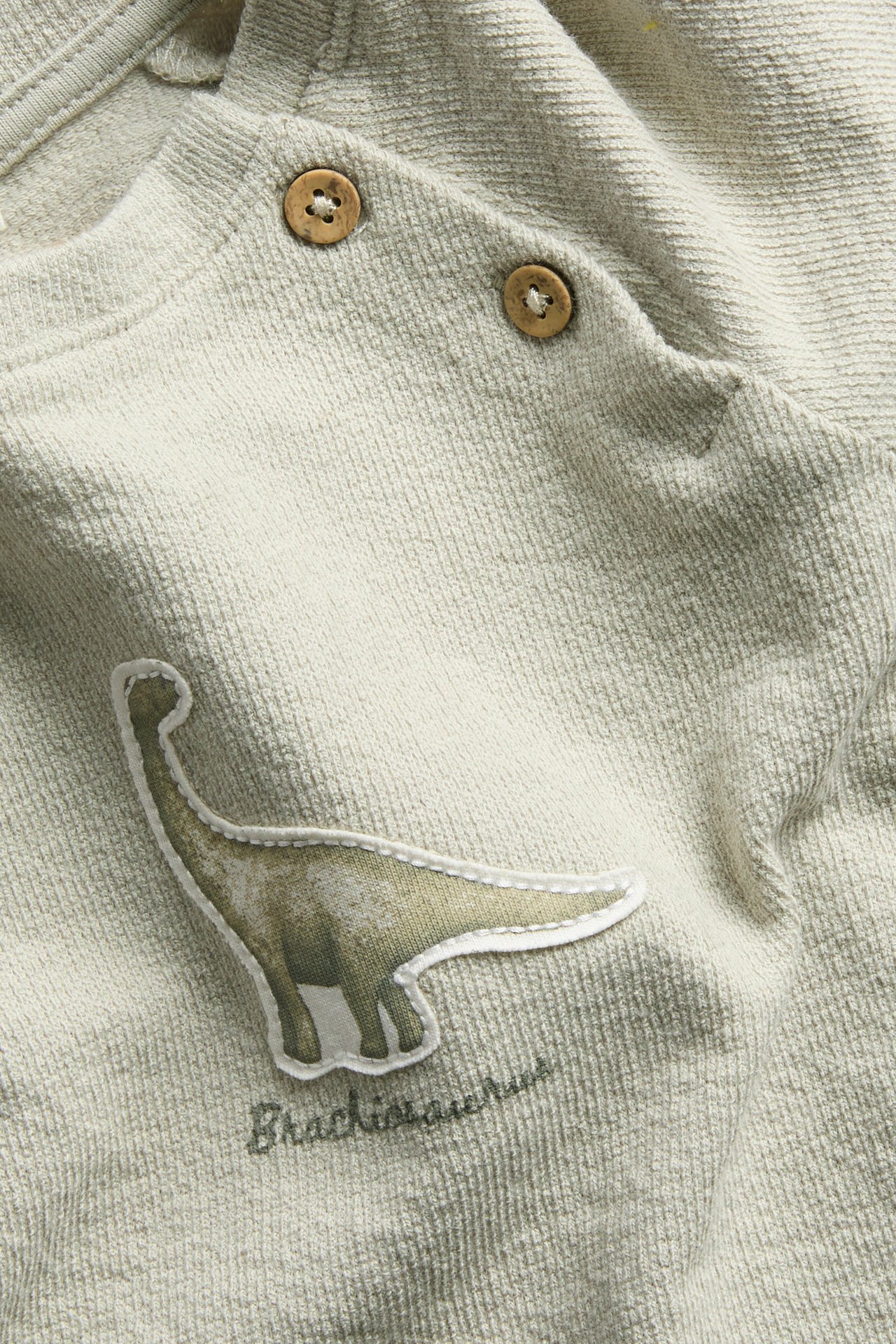 Close-up of a light green structured knit cotton long-sleeved top with a green dinosaur application and two wooden buttons.