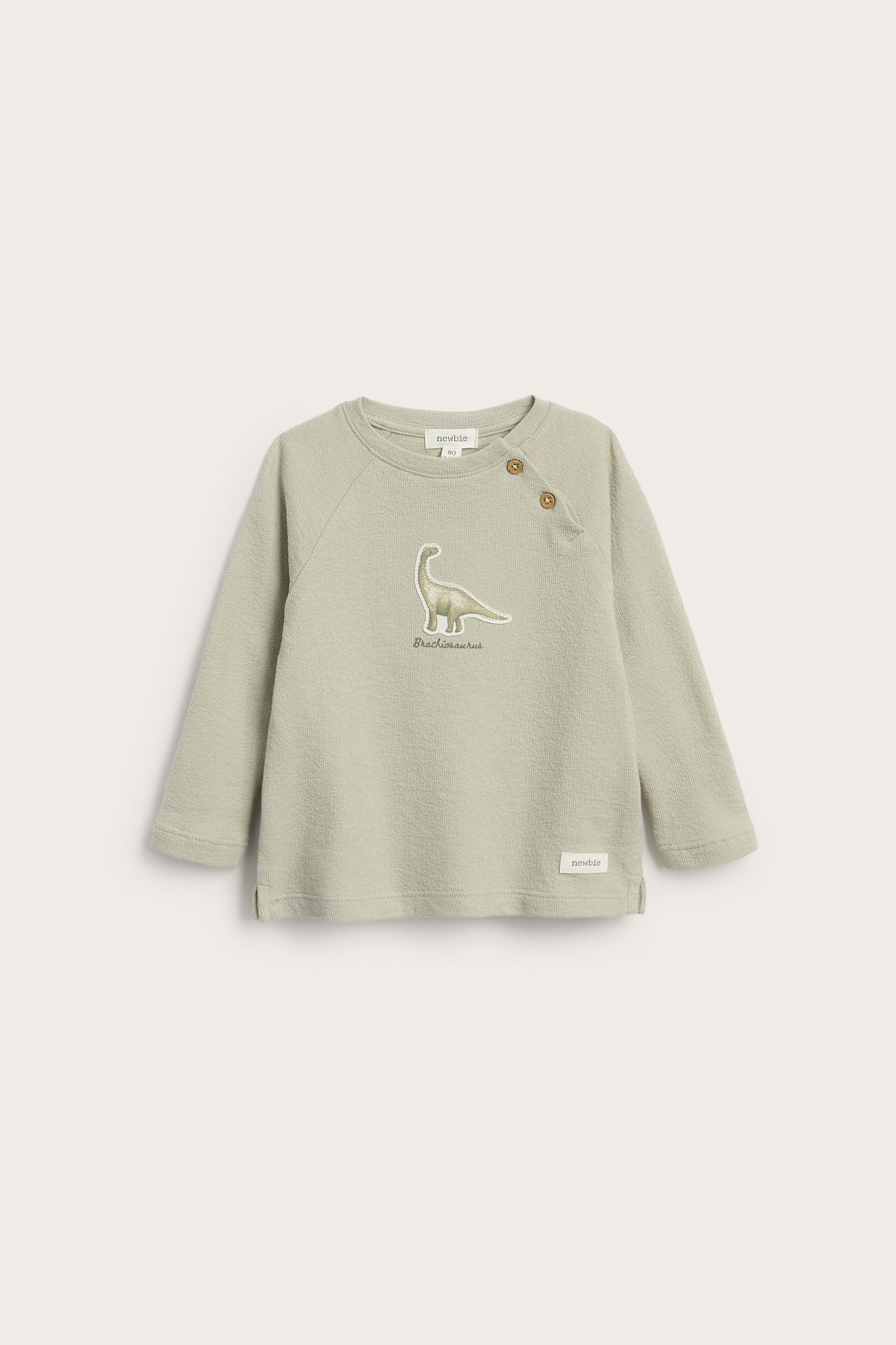 Front view of a kid's light green long-sleeved structured cotton top with two buttons and a dinosaur appliqué.