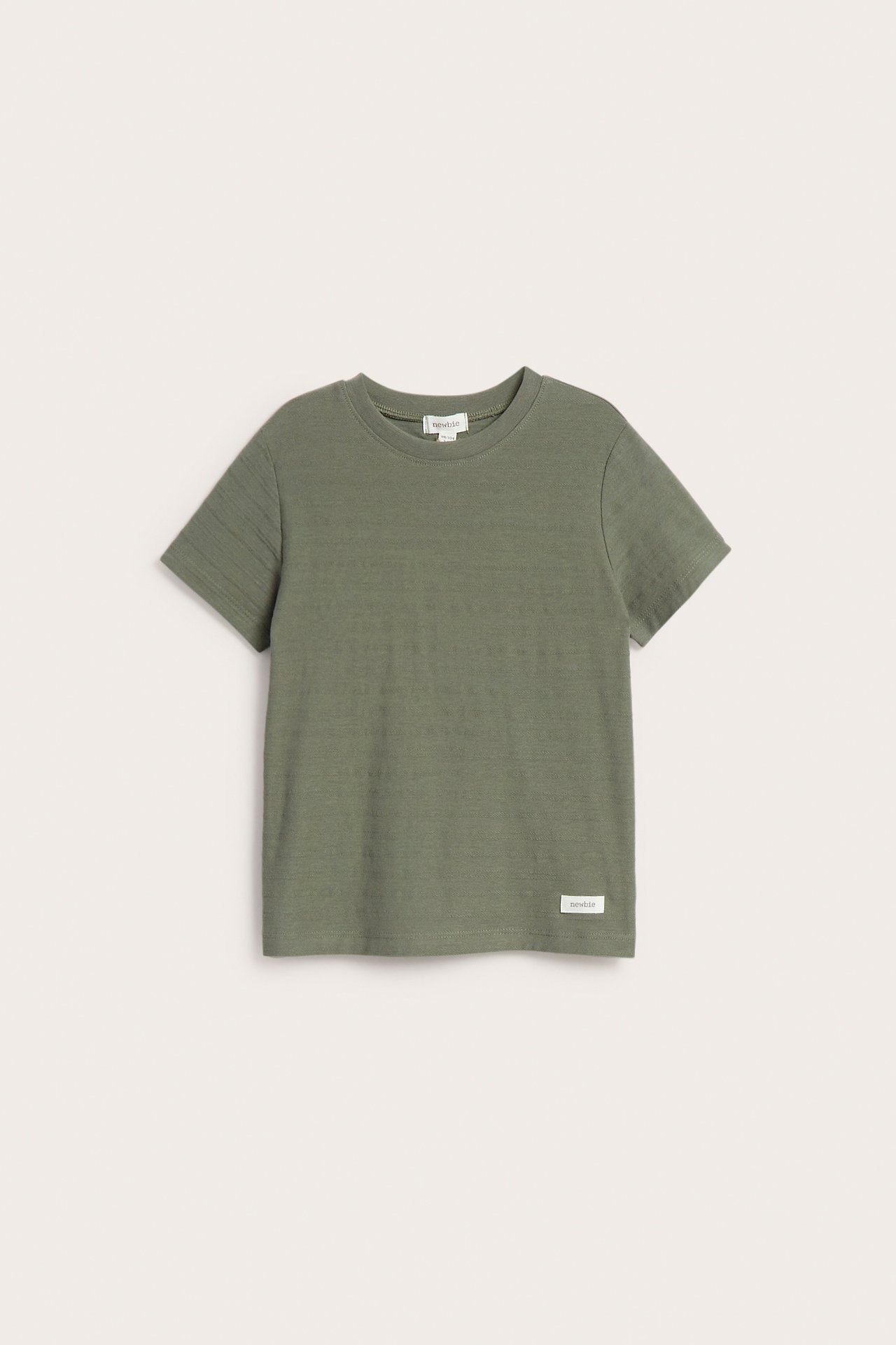Front view of a kid's plain green short-sleeved t-shirt with a round neck.