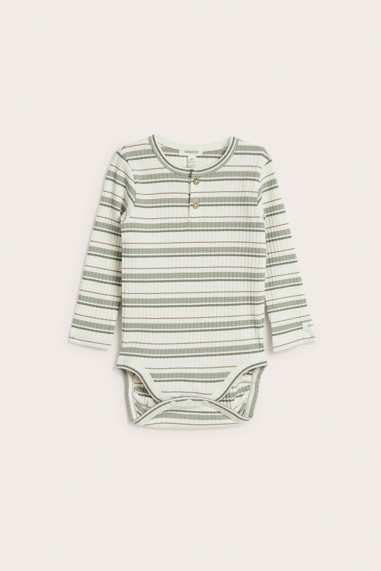 Front view: baby's ribbed long-sleeved bodysuit, light green, off-white, brown stripes, snap buttons.