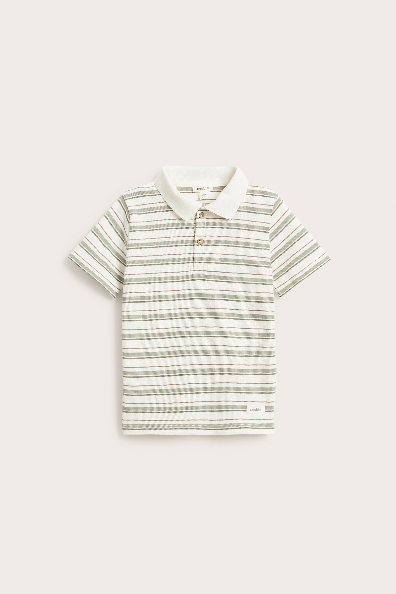 Front view: Kid's off-white cotton polo shirt with dark green/brown stripes, collar, three-button placket.