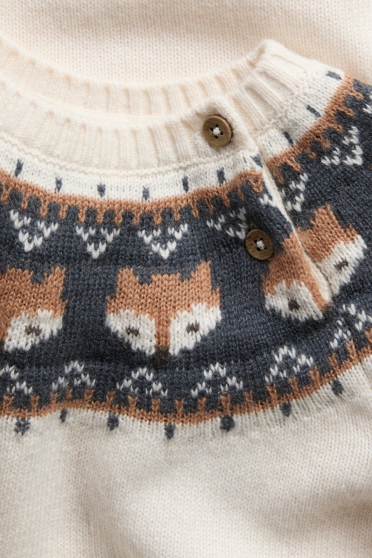Close-up of a baby's cream knitted cardigan with a gray fox pattern and wooden buttons.