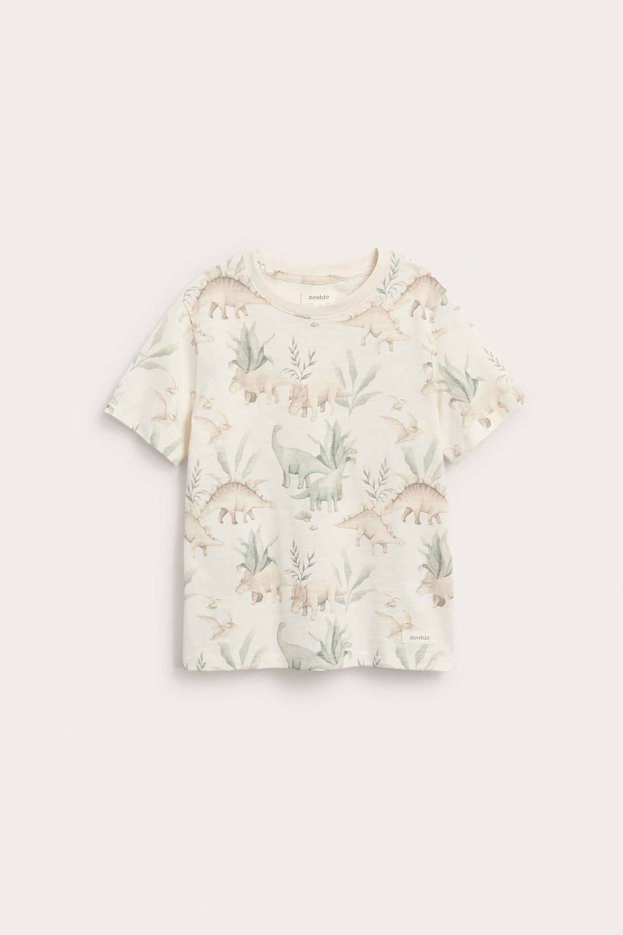 Front view of a kid's off-white short-sleeved t-shirt with a dinosaur and leaf print.