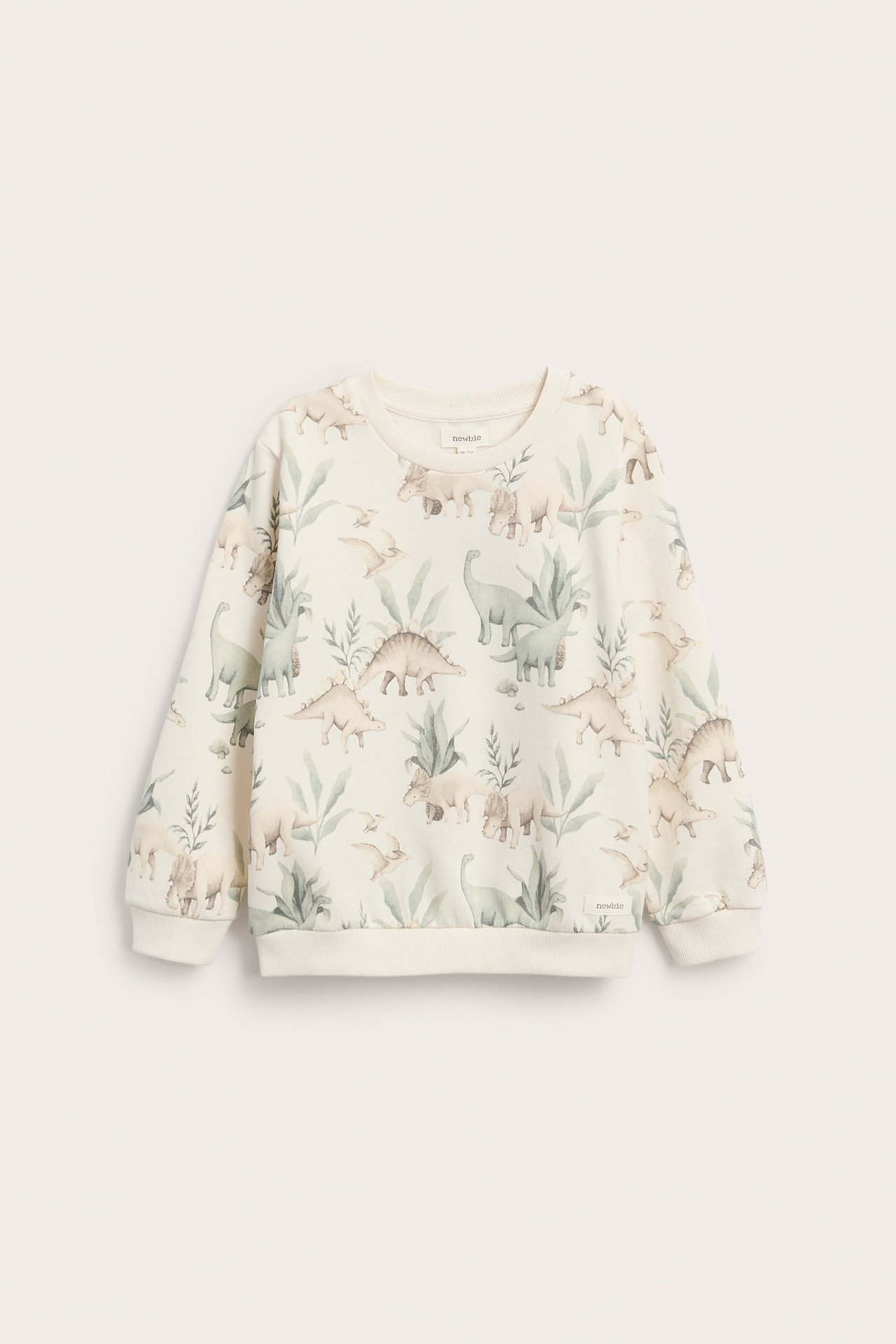 Vorderansicht eines cremefarbenen Kinder-Sweatshirts mit Dinosaurier- und Blattmuster.