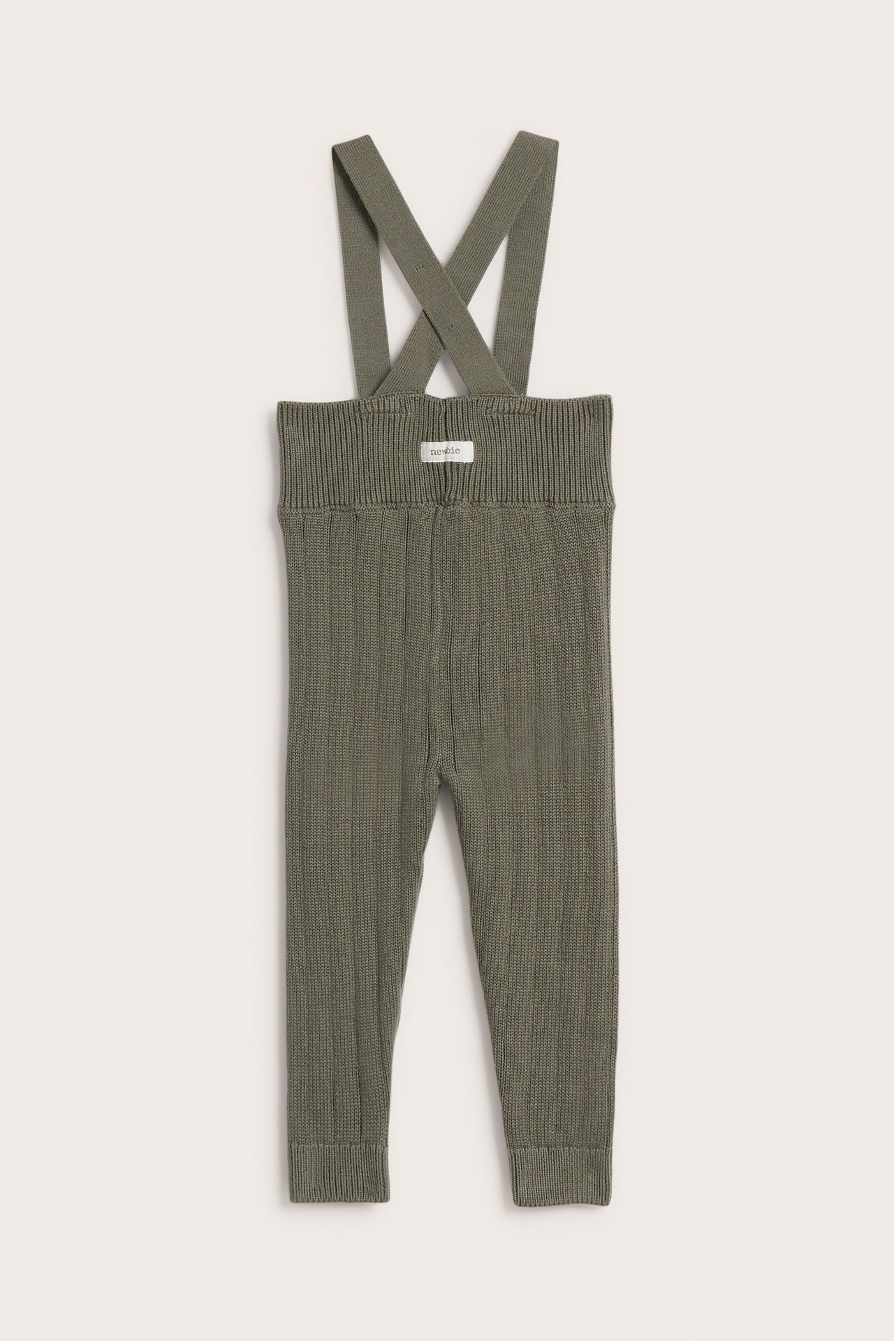 Front view of a baby's green knitted overall with suspenders and ribbed details.