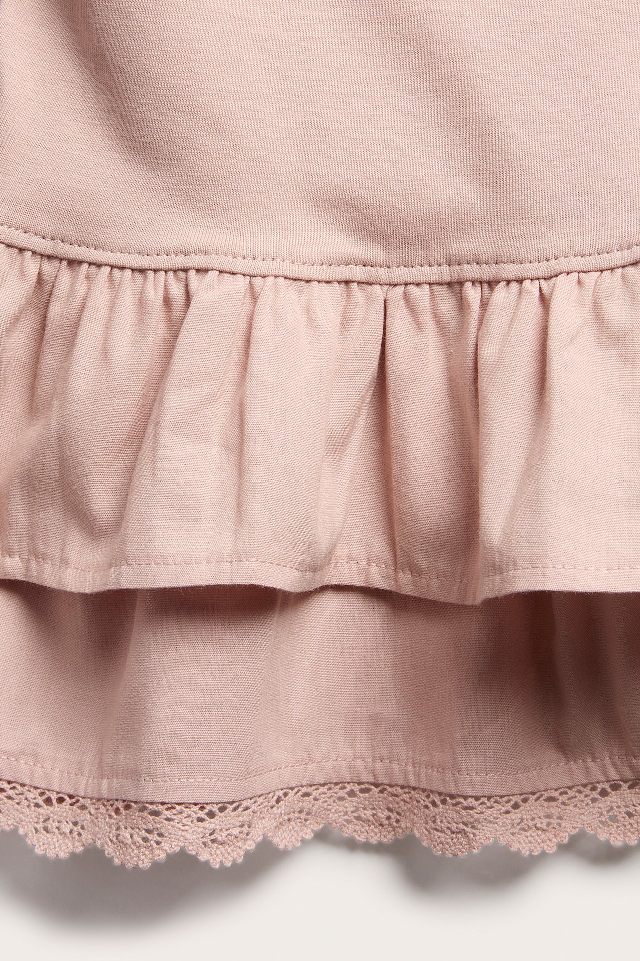 Close-up of a pinkish-beige ruffled garment with lace trim.