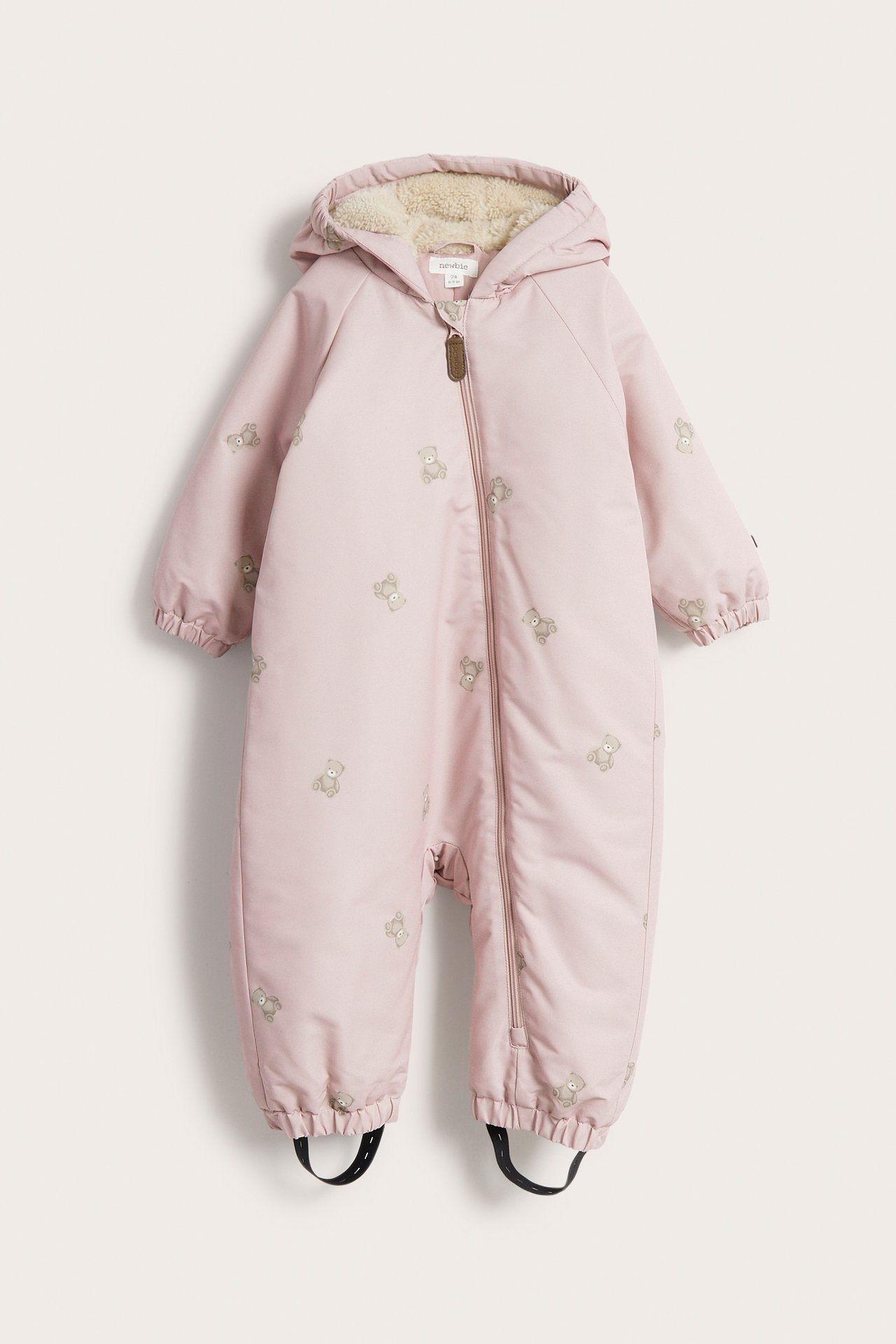 Front view of a pink padded baby snowsuit with teddy bear print, hood, and full zipper.