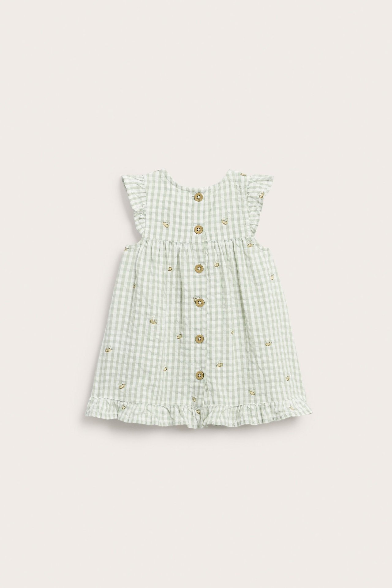 Front view of a baby's light green checkered cotton dress with ruffle sleeves, small floral embroidery, and front buttons.