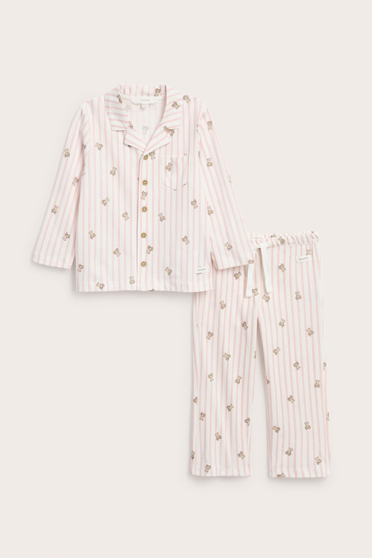 Front view: Kid's light pink striped cotton pajamas, teddy bear print, buttoned top, drawstring pants.