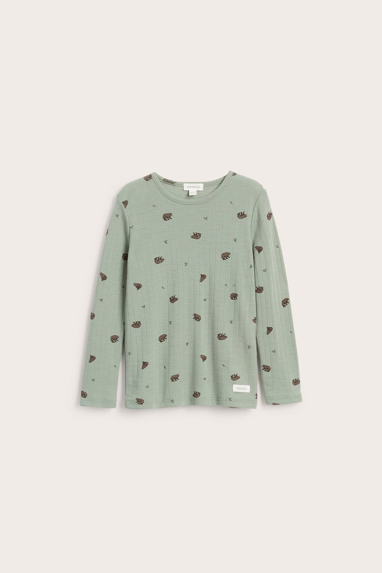 Front view of a light green ribbed long-sleeve t-shirt with brown bear print.