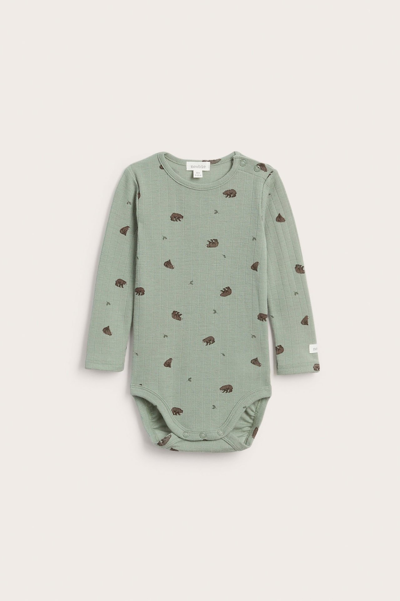 Front view of a baby's long-sleeved sage green ribbed bodysuit with brown bear print.