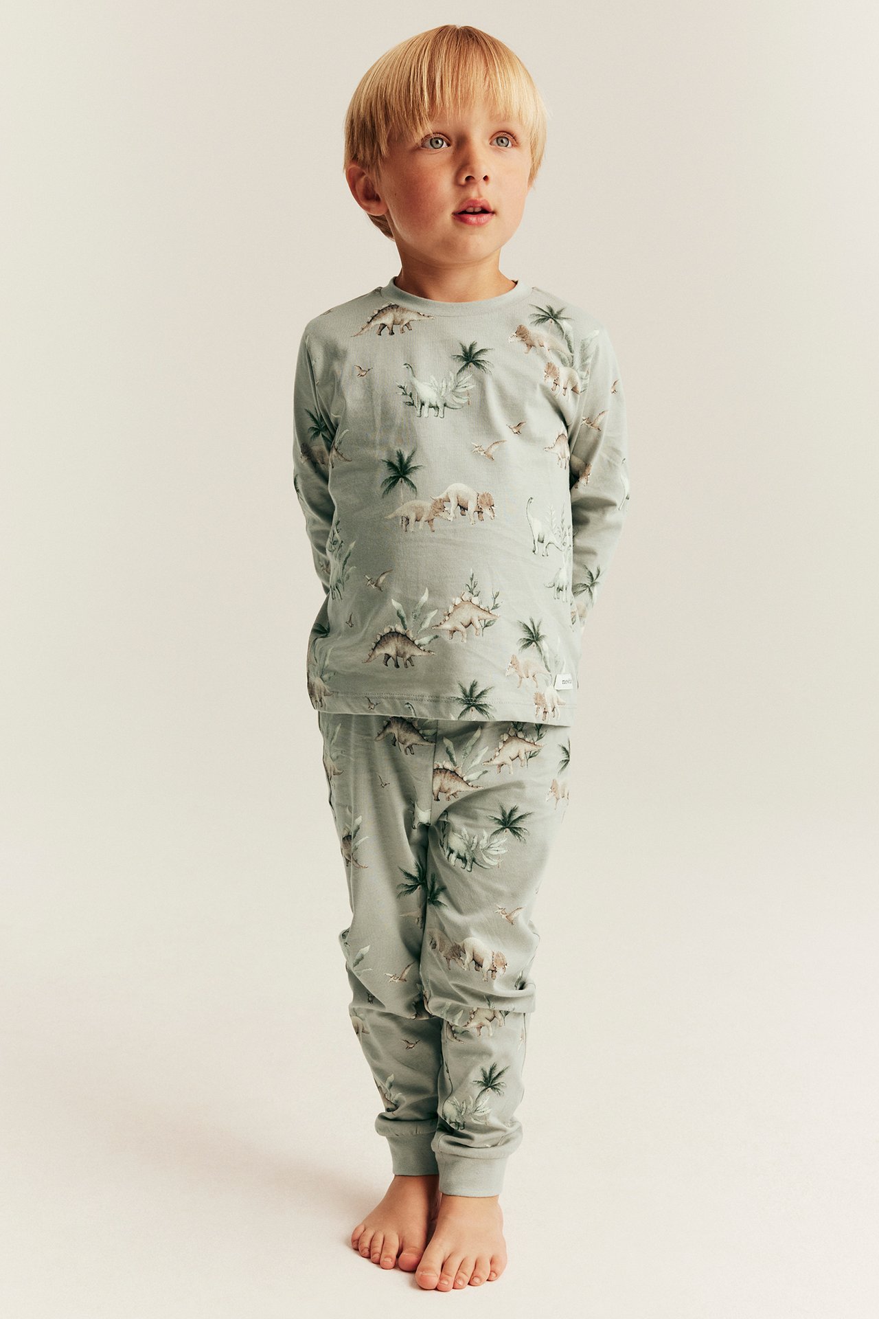 Vorderansicht eines Kindes in einem zweiteiligen hellgrünen Baumwollpyjama mit Dinosaurier-Muster.