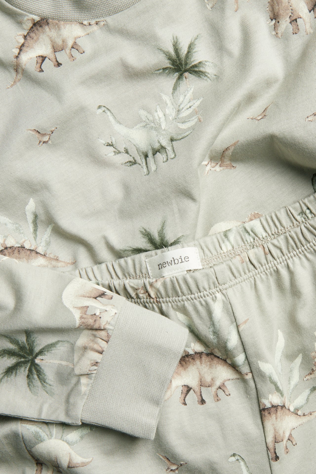 Nahaufnahme eines hellgrünen Baumwolljersey-Pyjamas mit Dinosaurier-Print, Rippenbündchen und elastischem Bund.