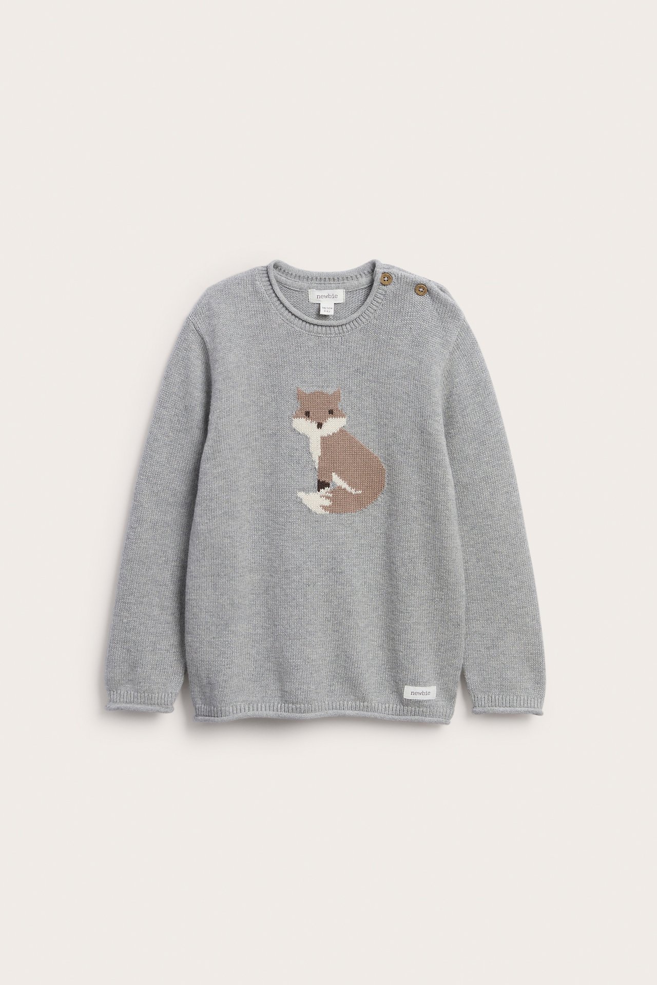 Front view of a gray knitted baby sweater featuring a brown and white fox design and shoulder buttons.