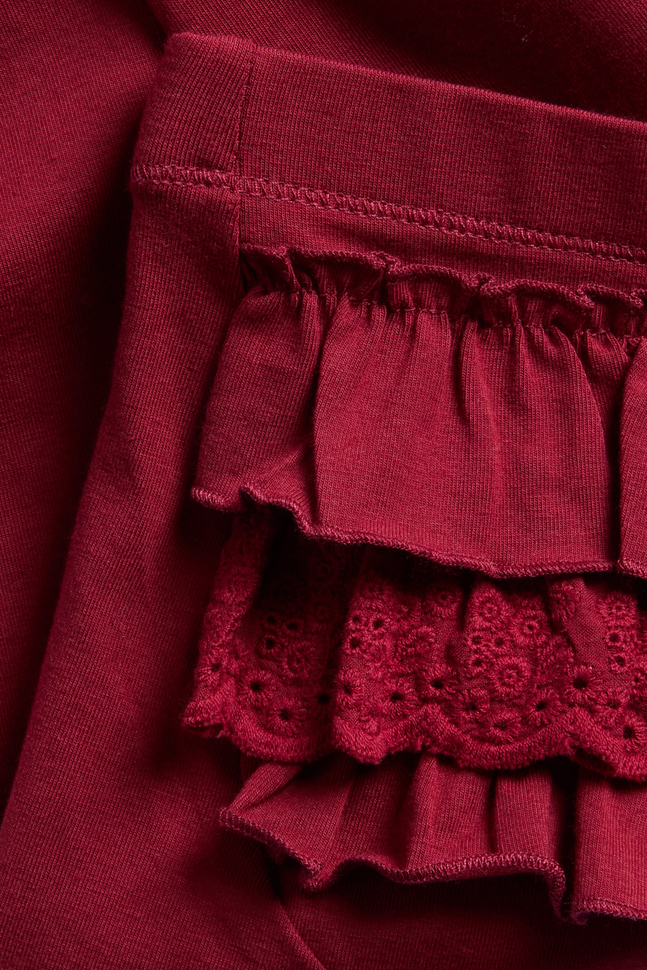 Close-up of dark red garment with ruffled and eyelet lace layers.