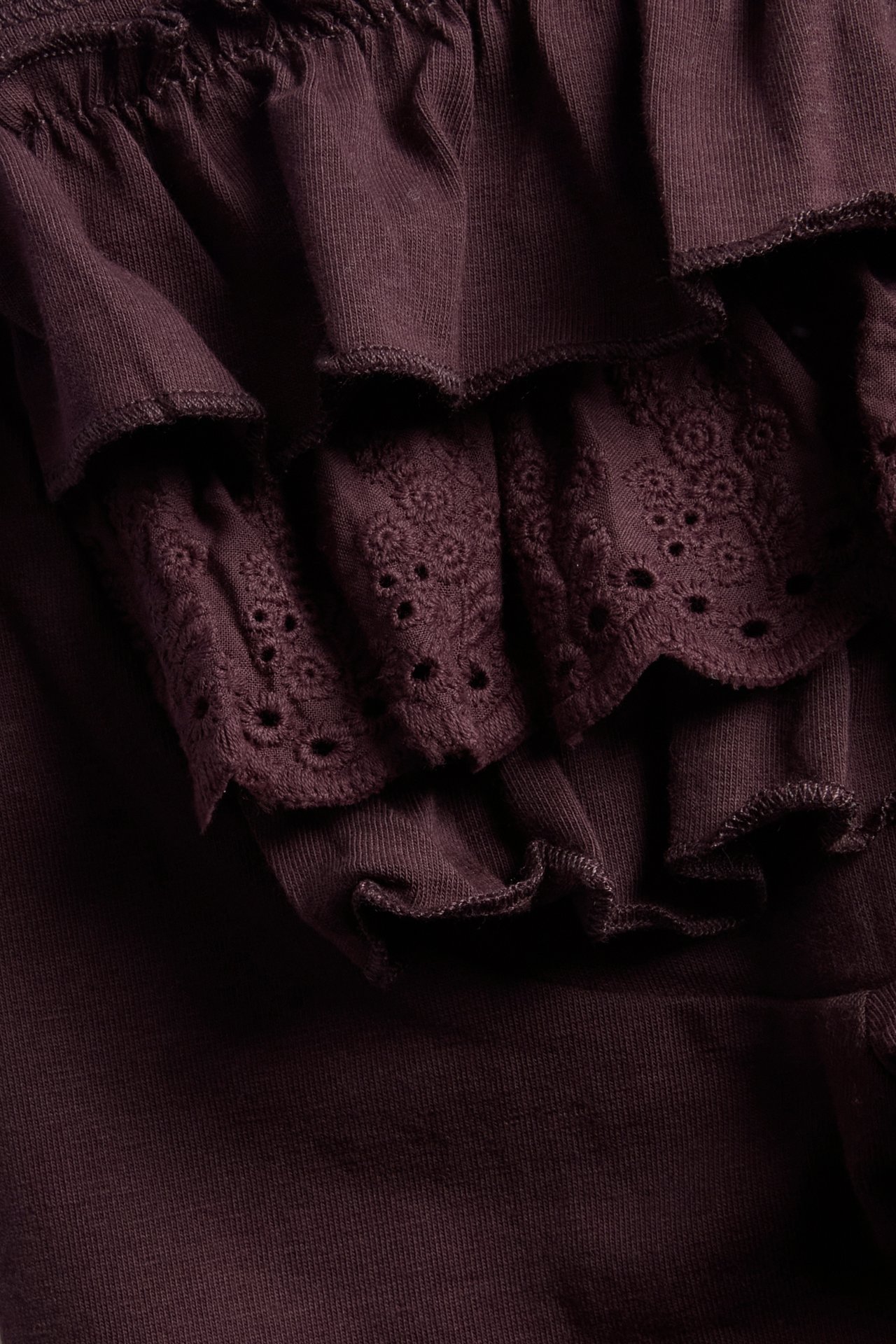 Close-up of a dark purple ruffled top with eyelet embroidery and scalloped edges.