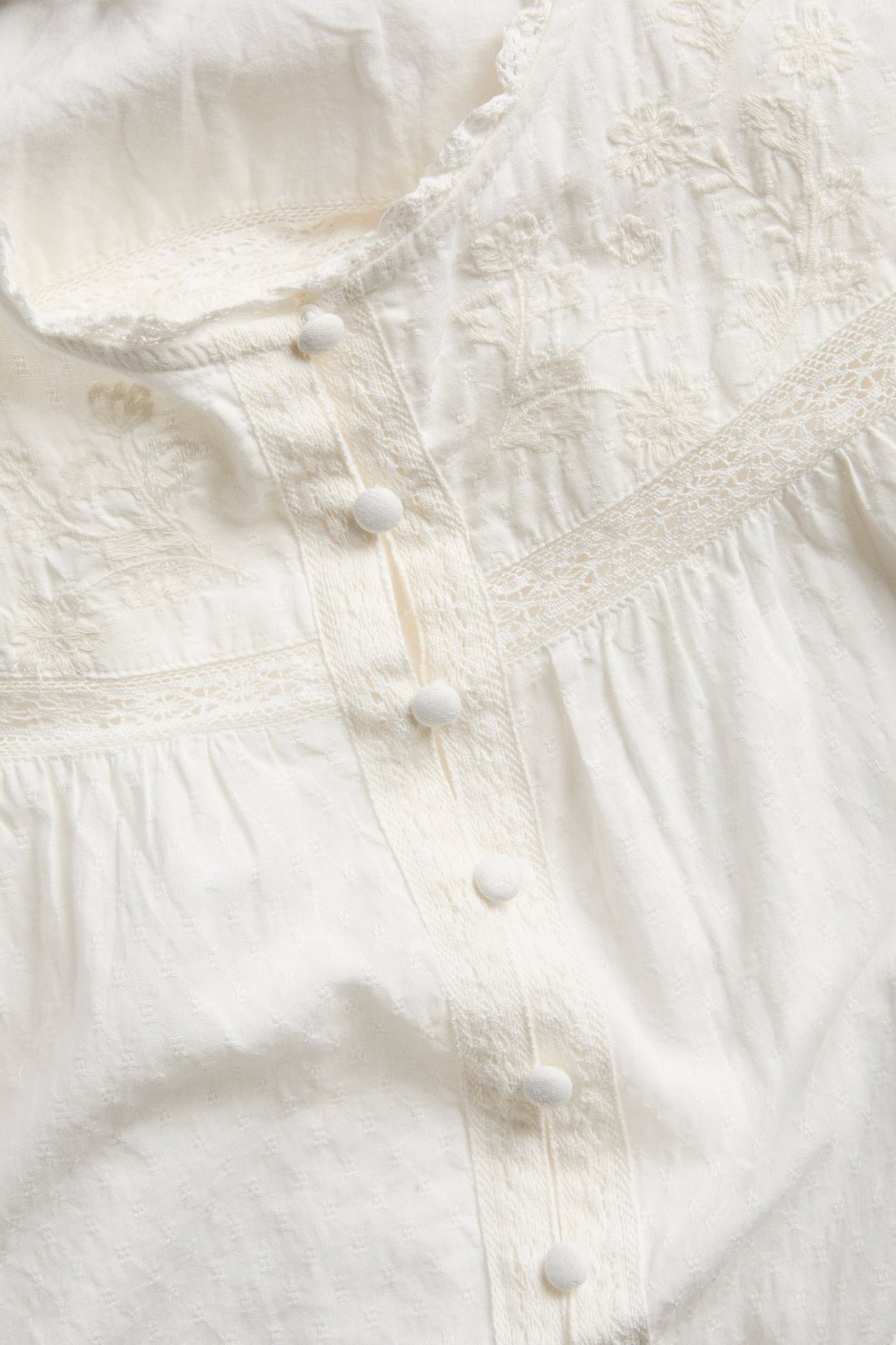 Close-up of a white blouse with floral embroidery, lace trim, and fabric-covered buttons.