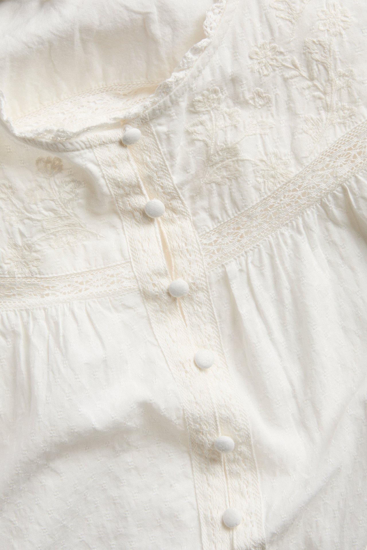 Nahaufnahme einer weißen Bluse mit floraler Stickerei, Spitzenborte und stoffbezogenen Knöpfen.