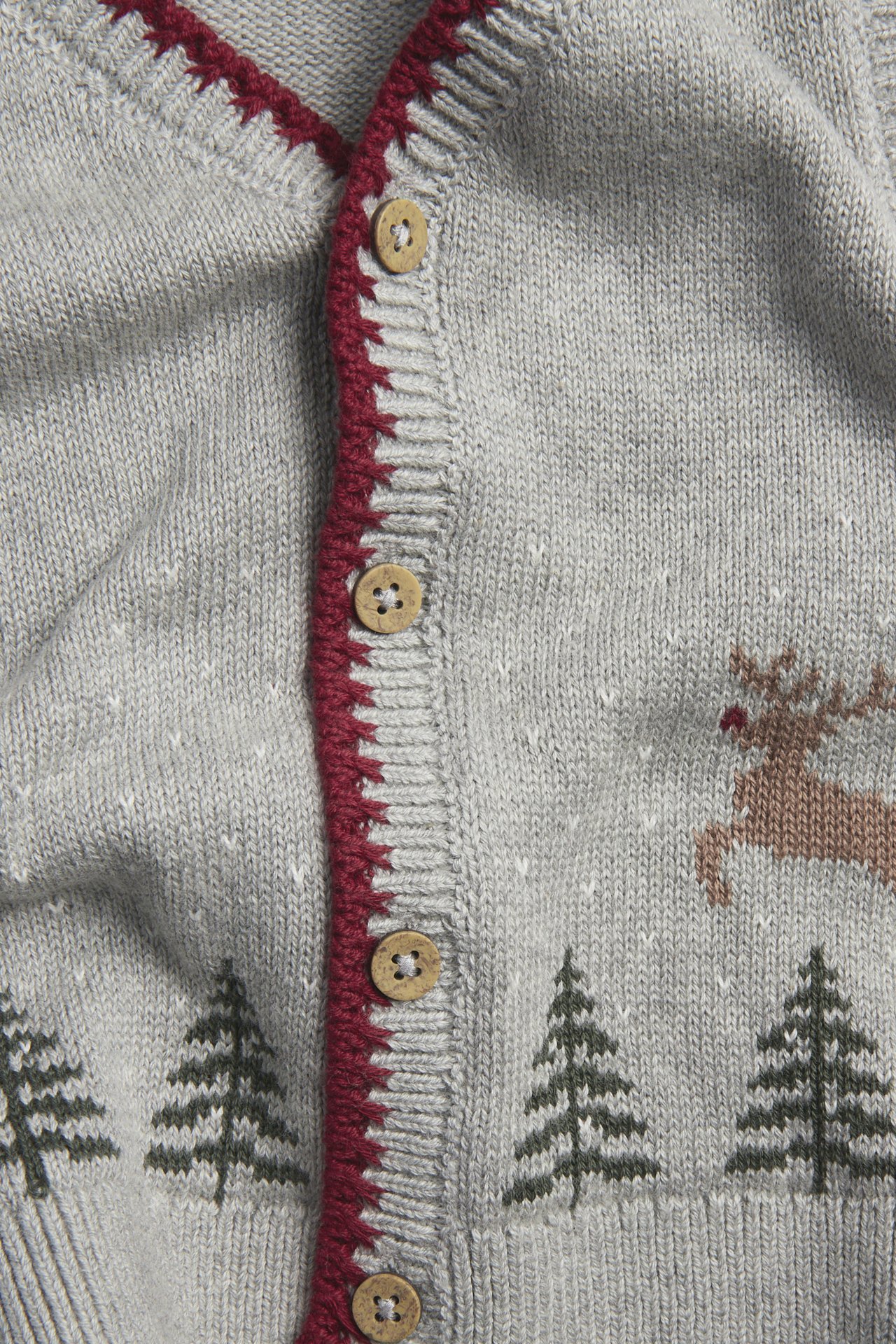 Close-up of a grey knitted cardigan with red trim, wooden buttons, and a winter reindeer and tree pattern.