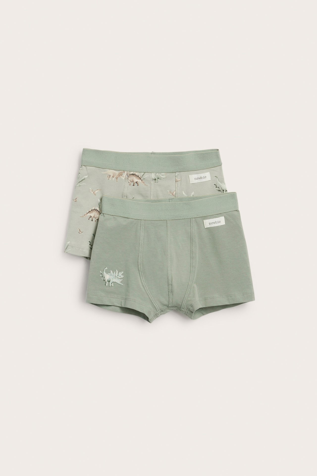 Front view: Two light green kid's cotton boxers. One solid with dino print, one with all-over dinosaur pattern.