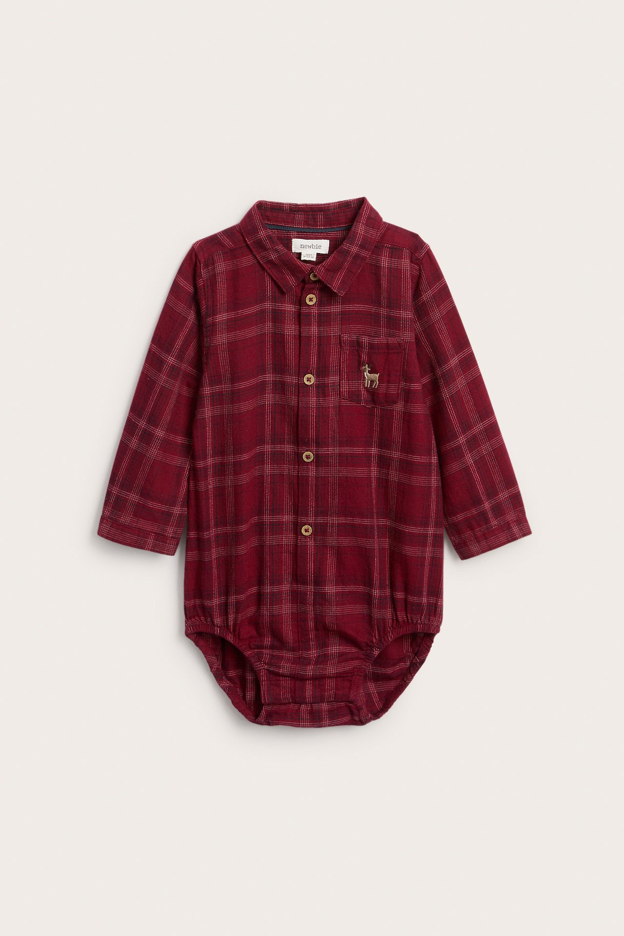 Front view of a baby's red plaid long-sleeve collared bodysuit with a deer embroidery.