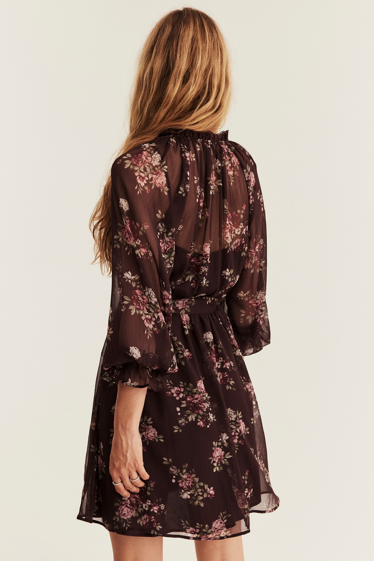 Rear view, female model in a dark floral sheer mini dress with ruffled collar and tie-waist.