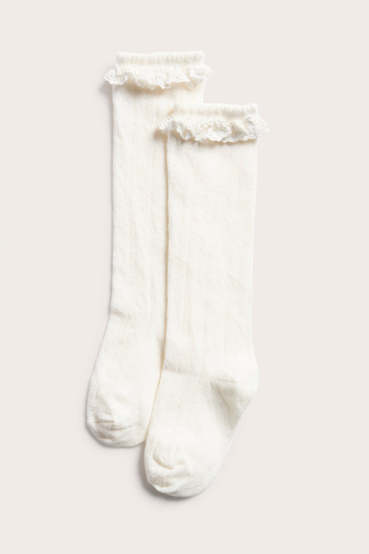 Front view of a pair of off-white pointelle knee socks with ruched lace and scalloped trim.