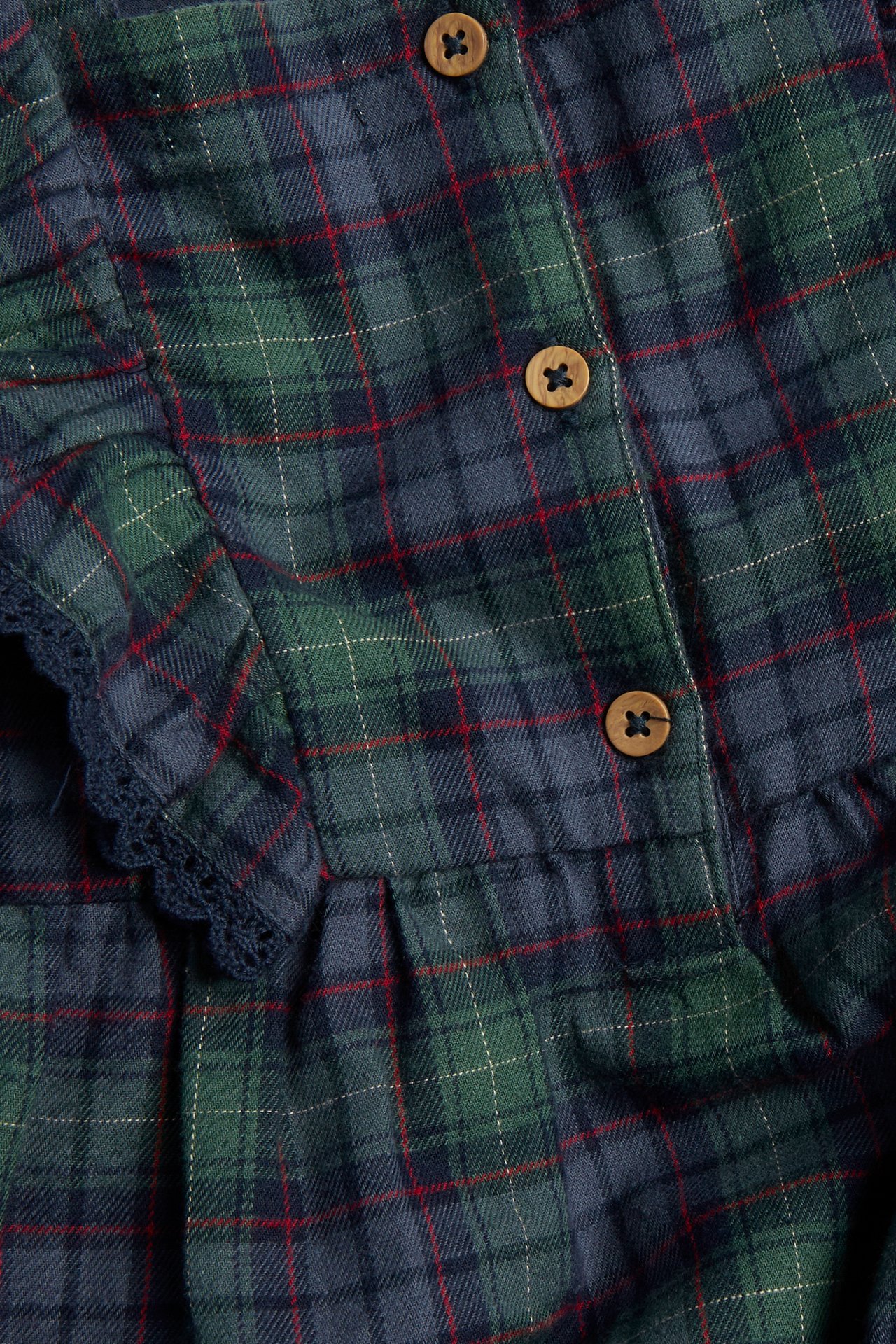 Close-up of a green, blue, and red plaid garment with wooden buttons and lace trim.