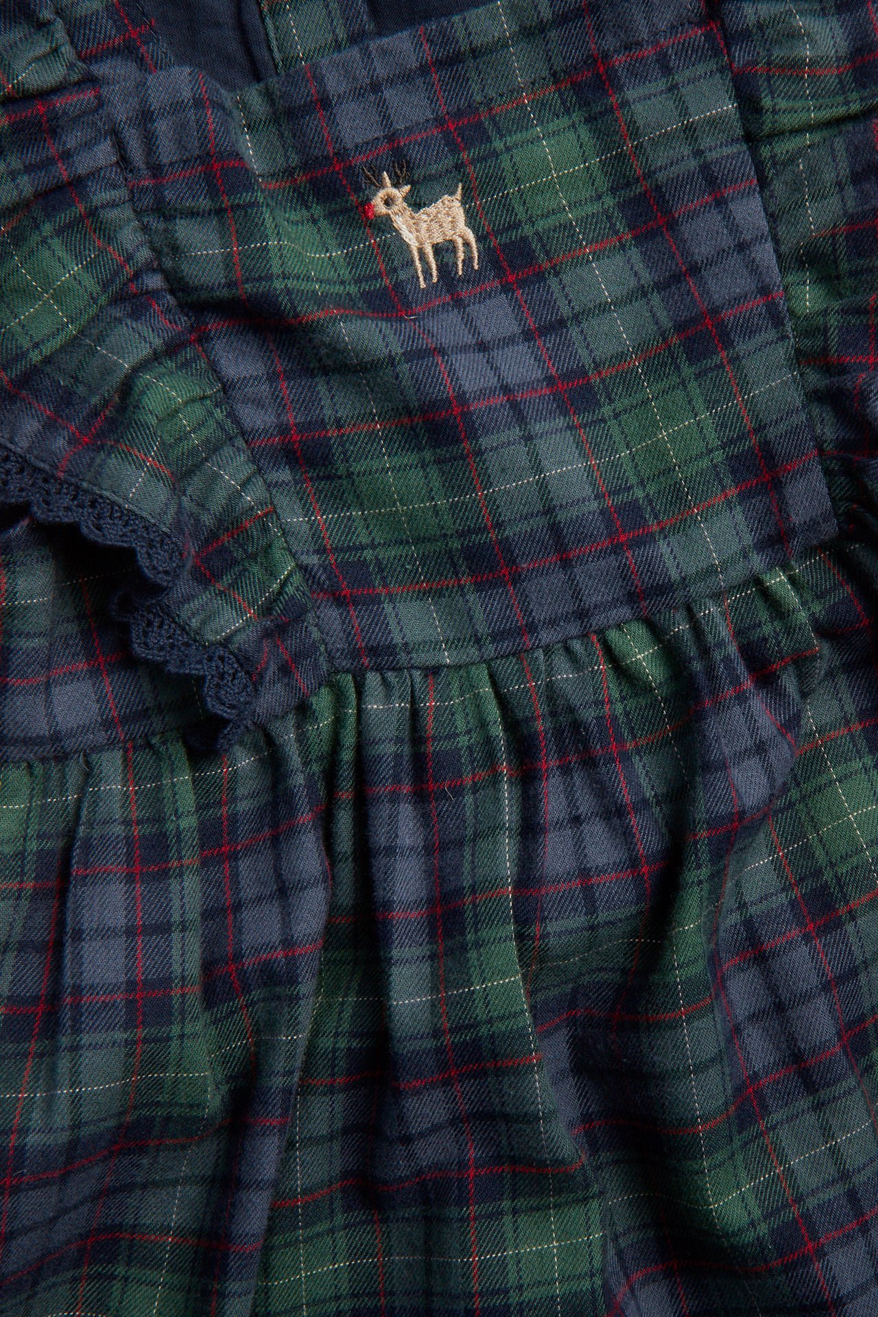 Close-up of a green, blue, and red plaid garment with an embroidered reindeer and lace trim.