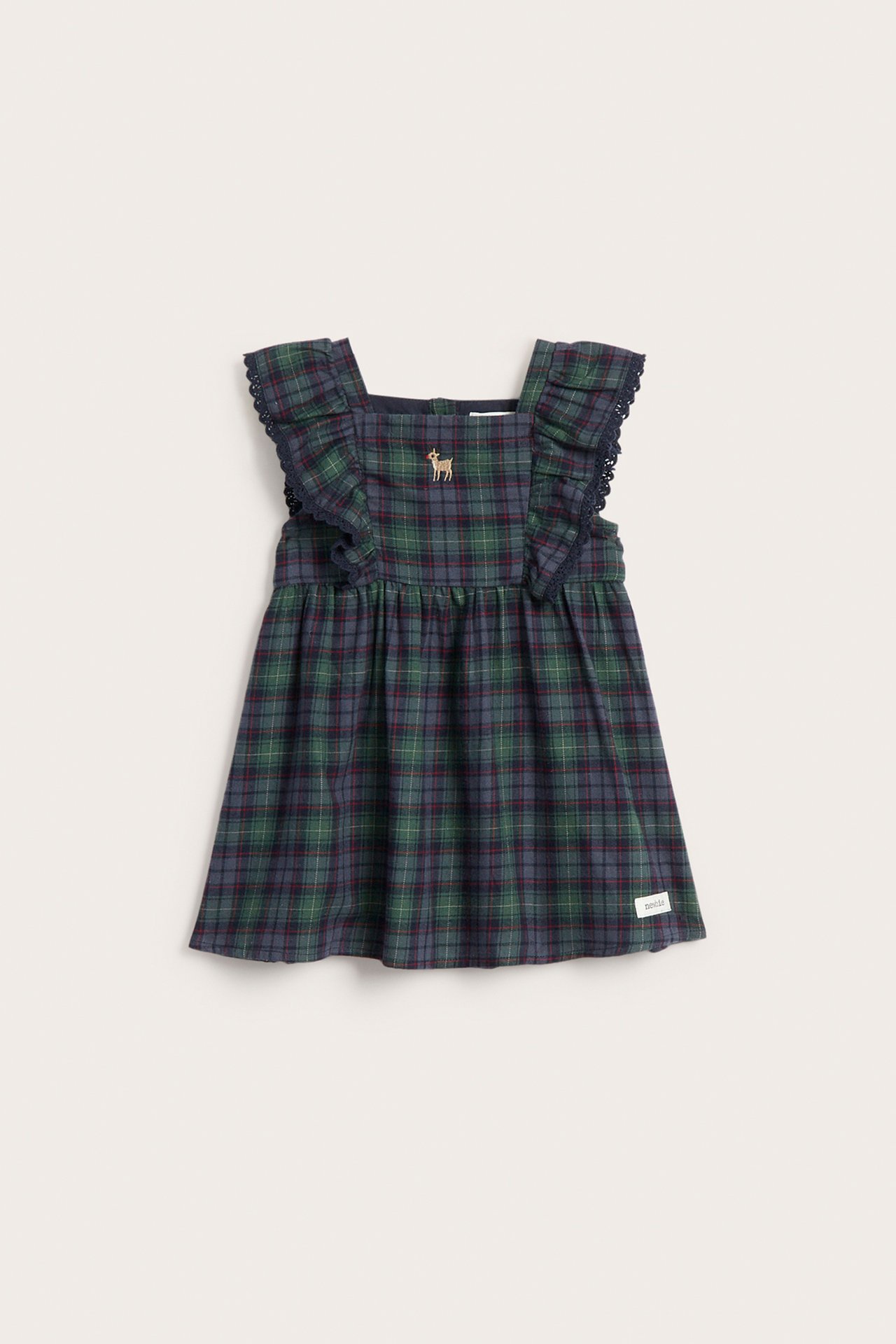 Front view of a kid's green and blue plaid dress with ruffled sleeves and deer embroidery.