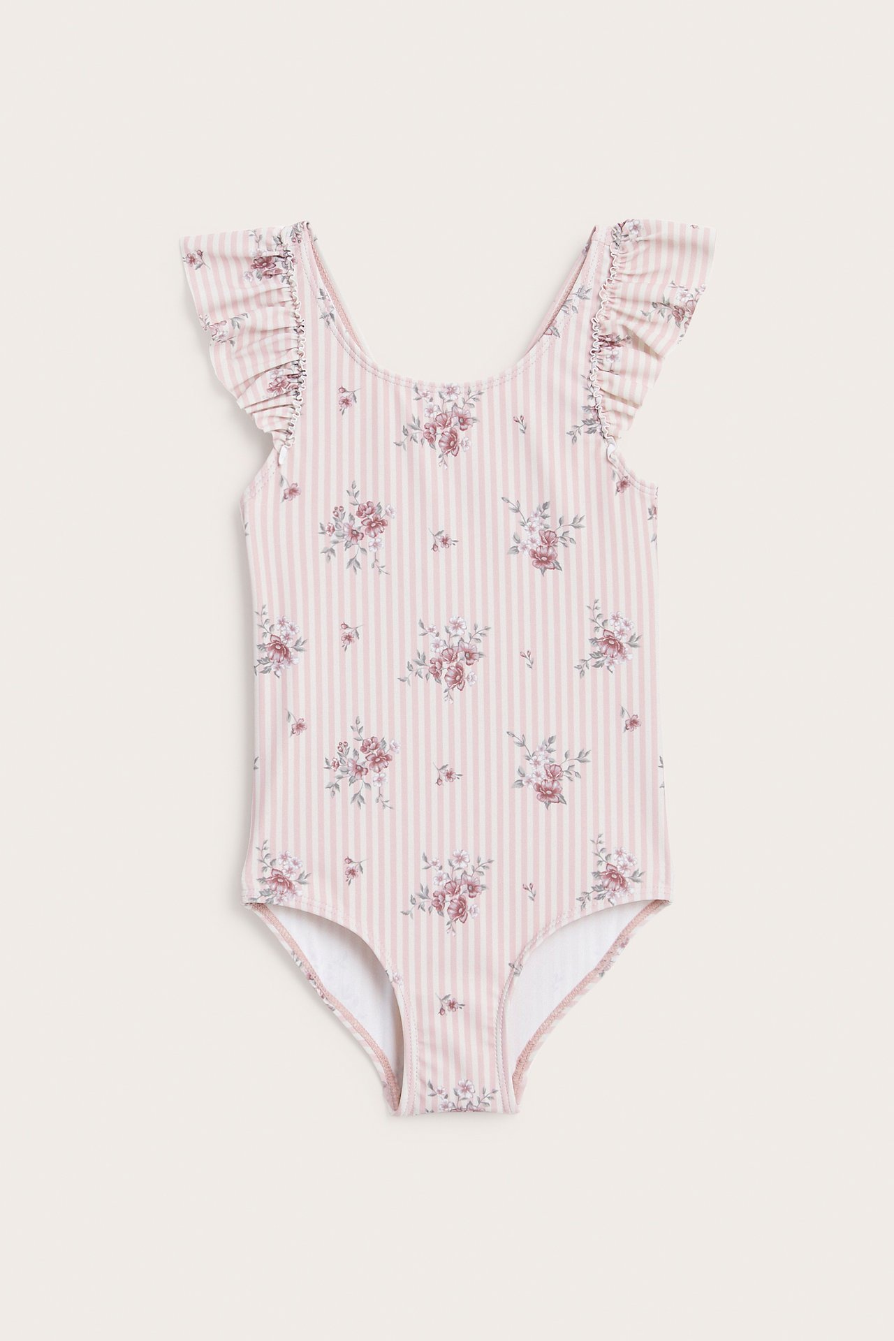 Front view of a kid's pink striped floral one-piece swimsuit with ruffled shoulders.