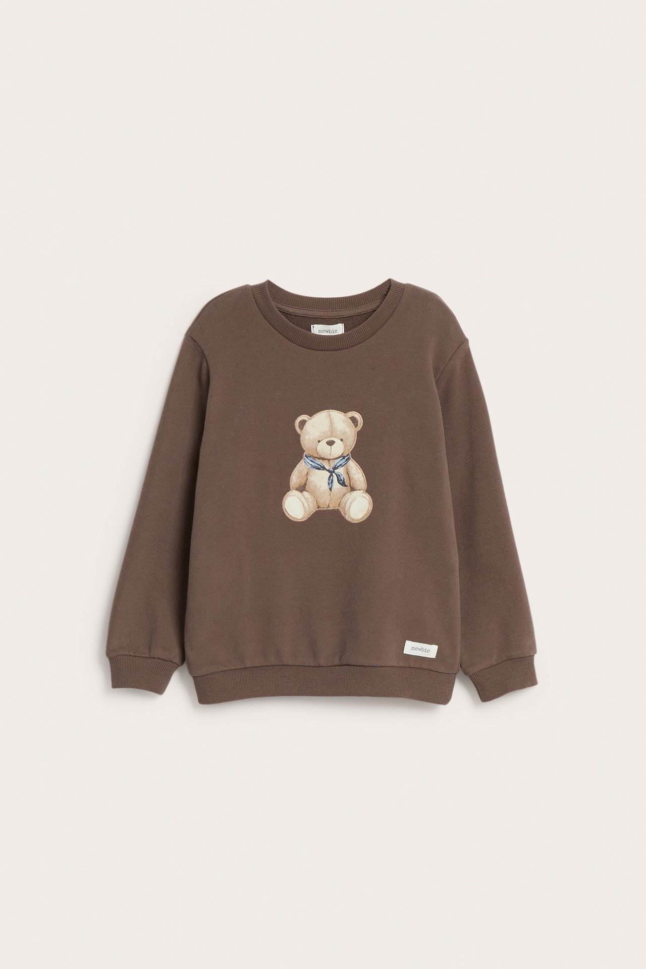 Vorderansicht eines braunen Kinder-Sweatshirts mit Teddybär-Print.