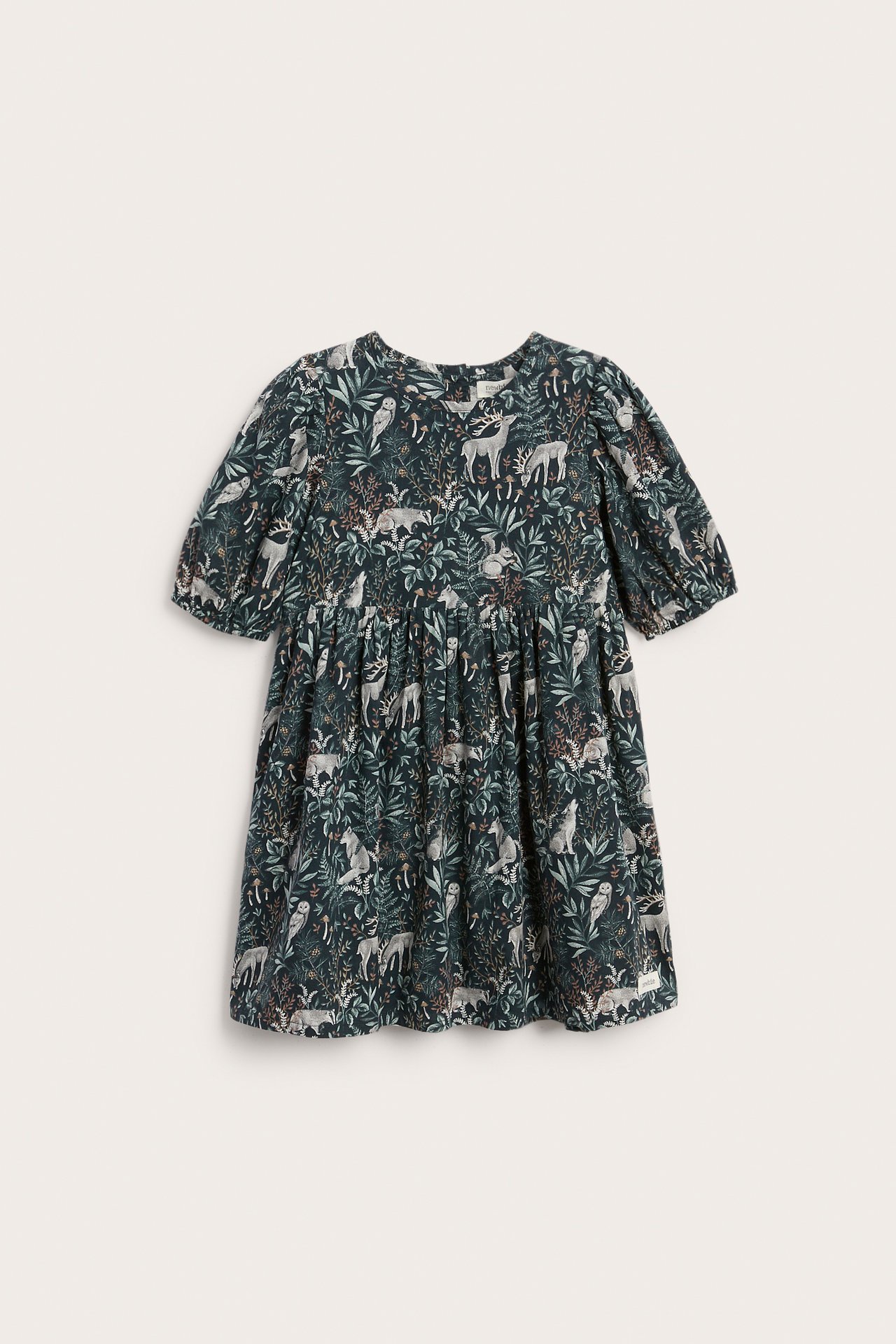 Front view kid's dark green dress with forest animal and plant print, short puffed sleeves.