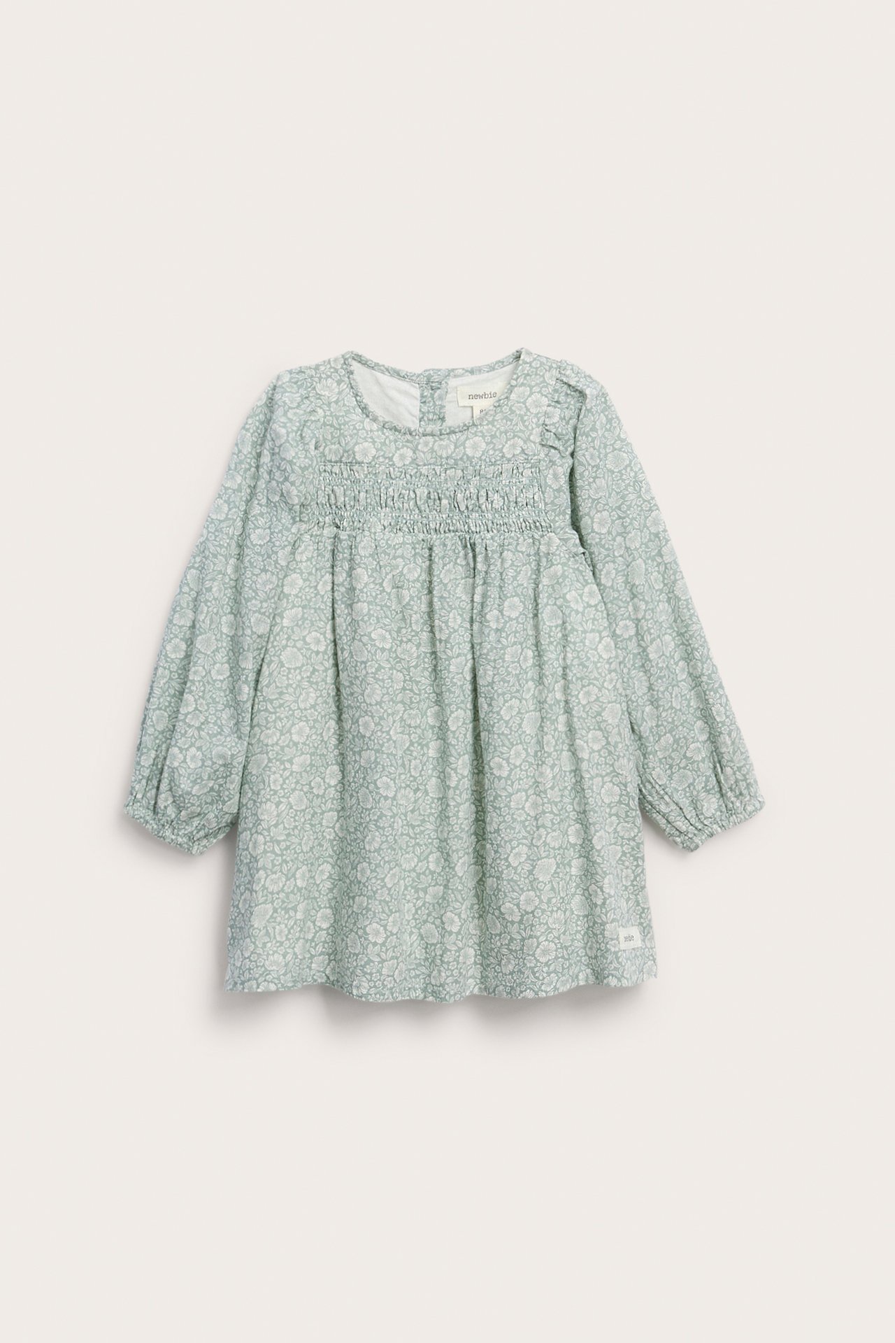 Front view of a kid's light green floral print long-sleeve dress with smocked bodice.