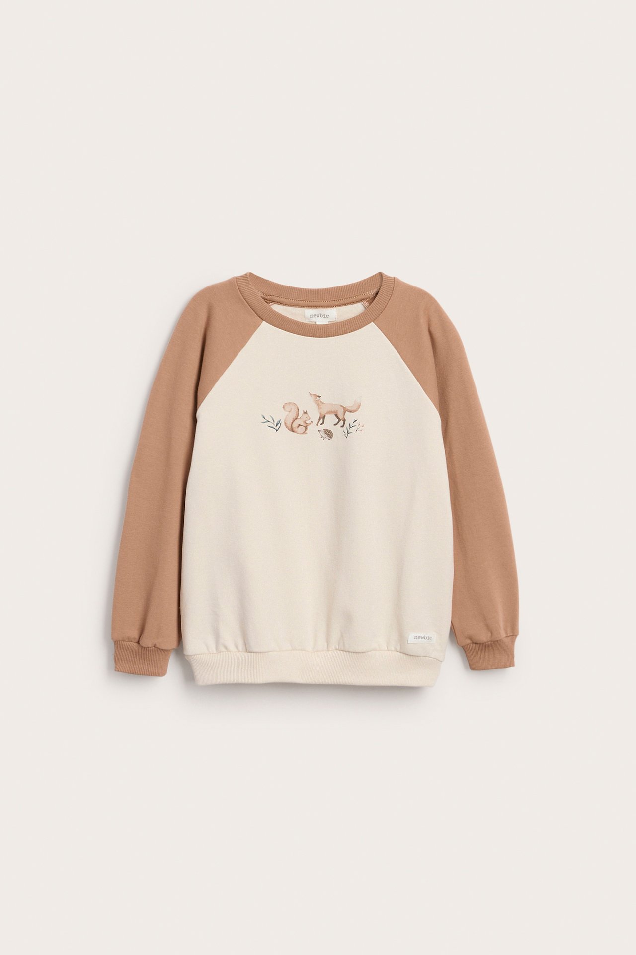 Front view of a kid's beige sweatshirt with brown raglan sleeves and a forest animal print.