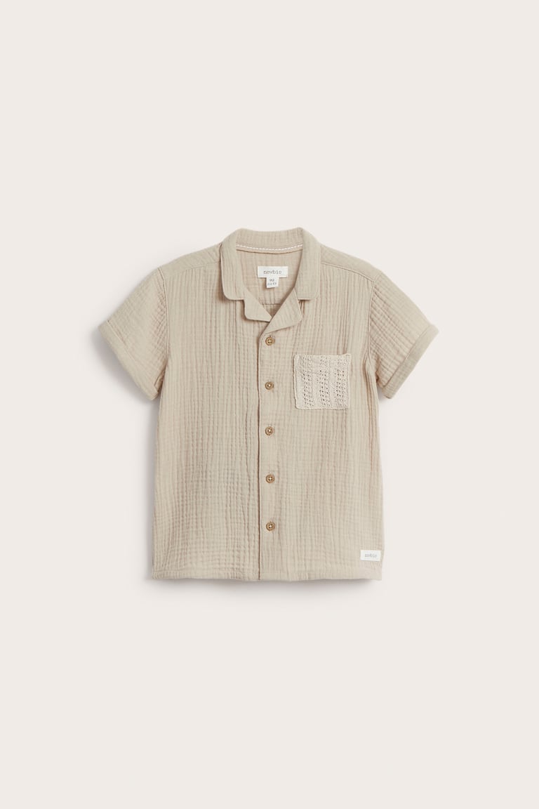 【BAON】[unisex] Lebble Pocket Stripe Short Sleeve Over SH Short sleeve shirt with pocket | Beige | Kids | Newbie