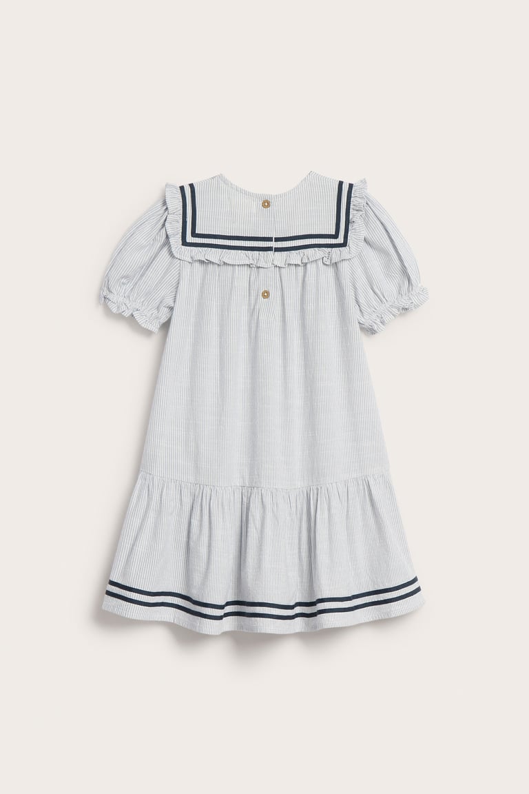 blue and white striped collar dress Collar Detail Mix Midi Dress-Navy, Ivory Stripe